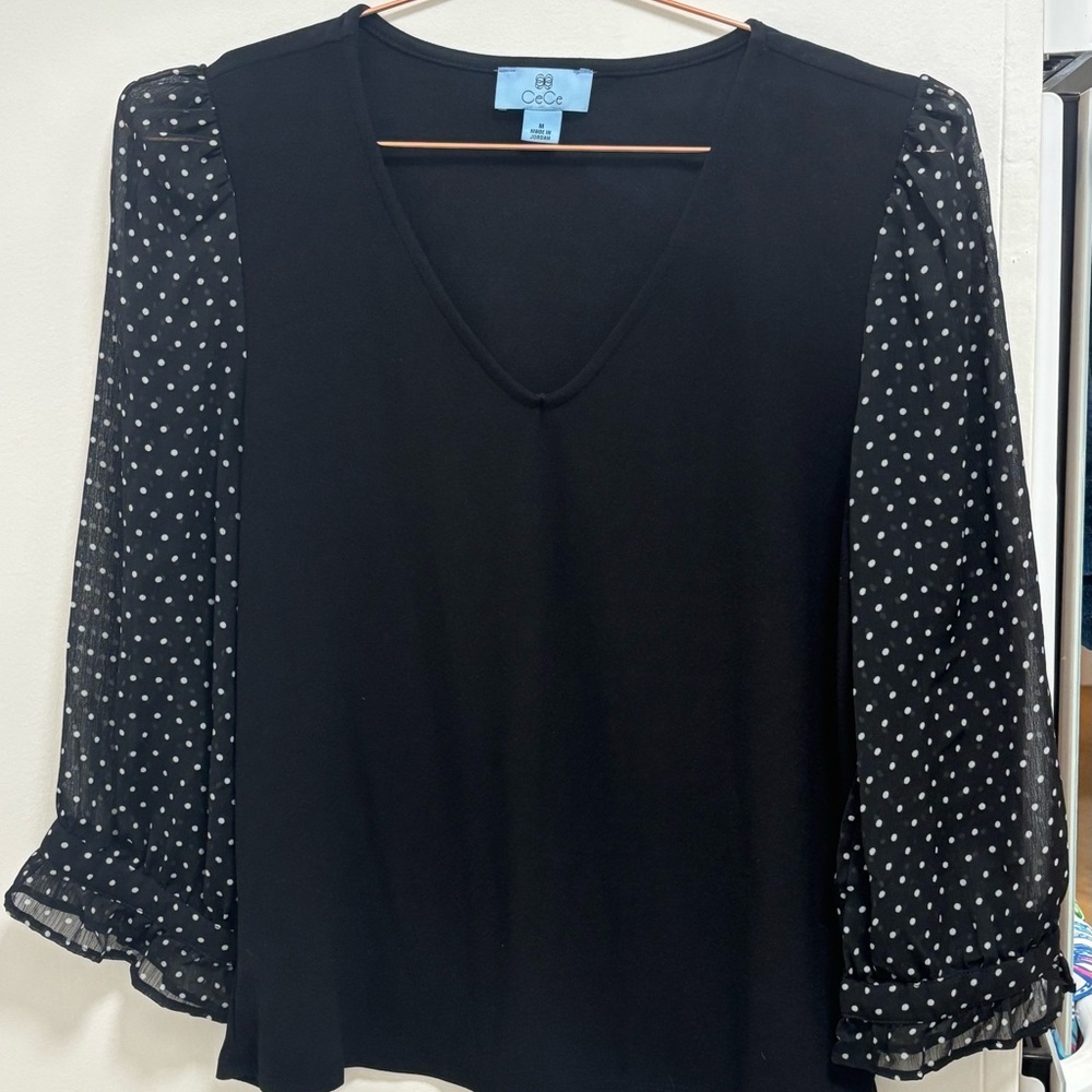 CeCe Black V-Neck Blouse with Black and White 3/4 sheer sleeves